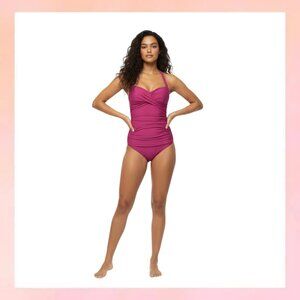DKNY Magenta Pink Twist Front One Piece Swimsuit Tummy Control Large